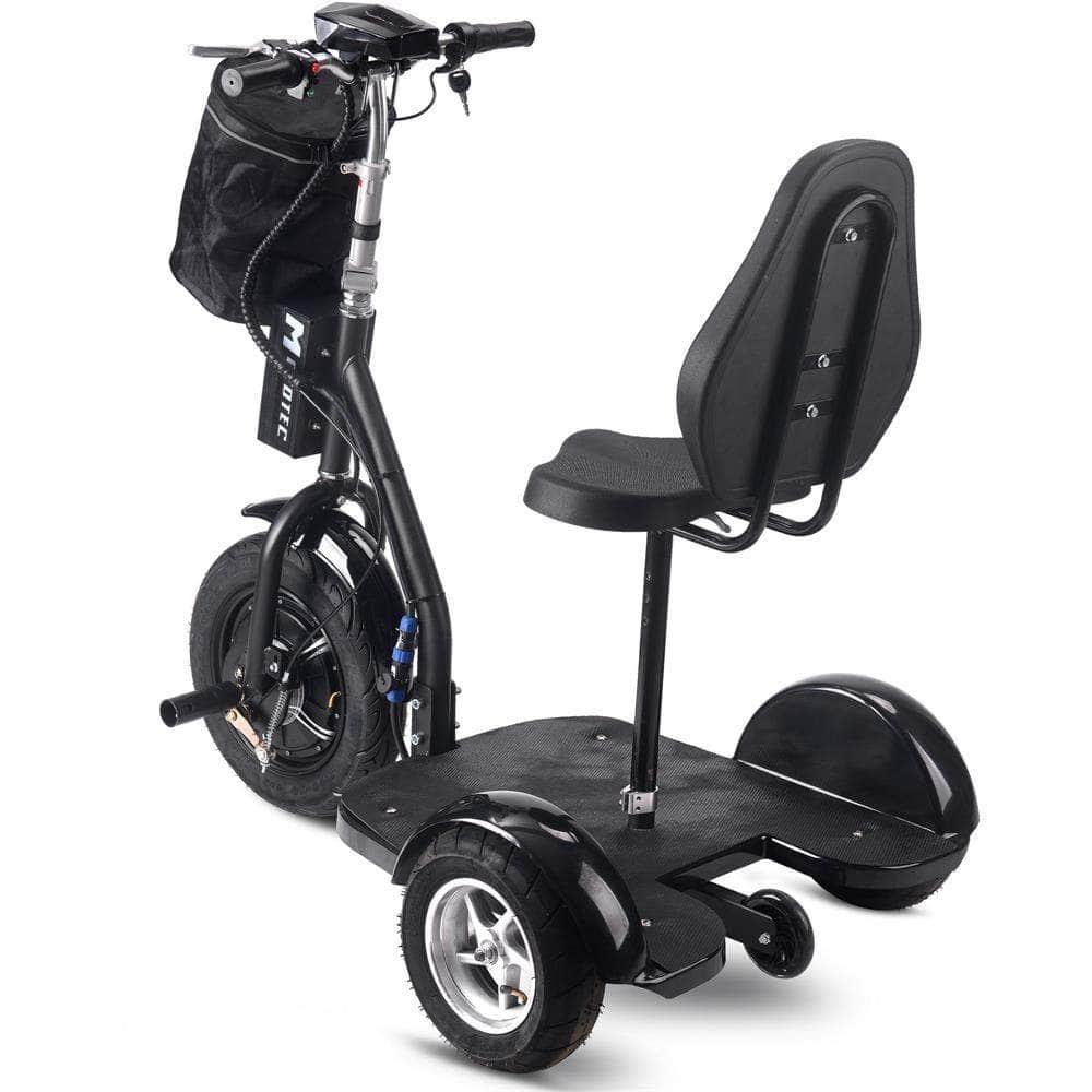 MotoTec Electric Trike 48v 1000w Lithium Black, 3-wheel scooter, brushless hub motor, removable seat with backrest, basket - Mobility Angel