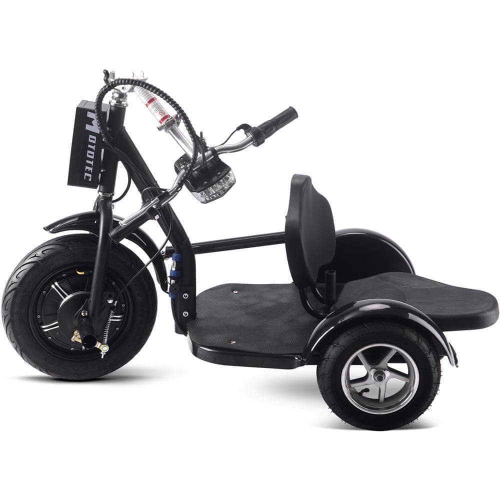MotoTec Electric Trike 48v 1000w Lithium Black, 3-wheel scooter, brushless hub motor, removable seat with backrest, basket - Mobility Angel
