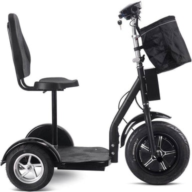 MotoTec Electric Trike 48v 1000w Lithium Black, 3-wheel scooter, brushless hub motor, removable seat with backrest, basket - Mobility Angel